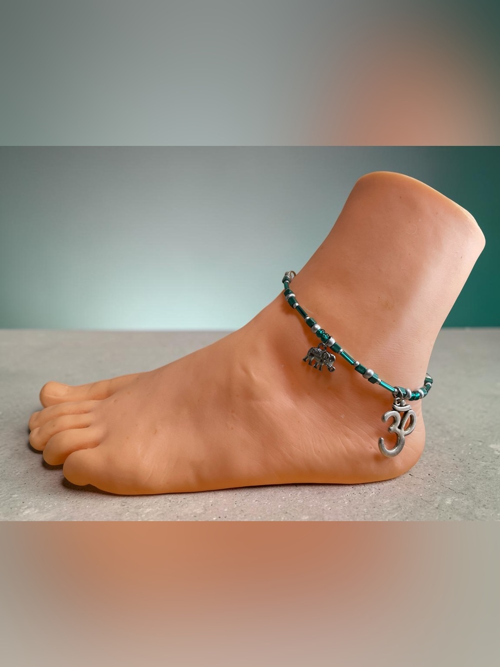 Green Beaded Anklet with Elephant & Om Charms